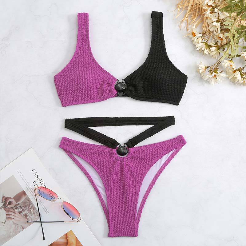 Traje de baño de bikini de color contrastante para mujer con estampado de ondas y abertura