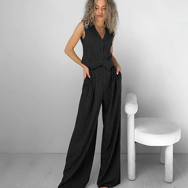 Sexy Elegant Wide Shoulder Strap V neck Sleeveless Vest Mid Waist Slim Fit Wide Leg Pants Two Piece Set Autumn Casual Set FOREVEREIGHTEEN