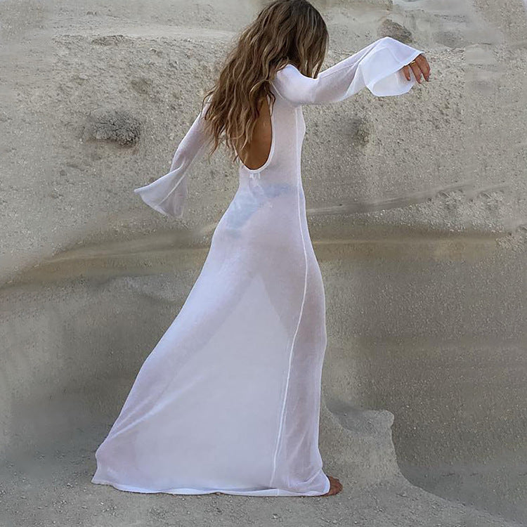 Summer Sexy Backless Long Sleeves See through Mesh Dress PASTO