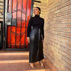 Women Clothing Autumn Winter Mid-Length Black Faux Leather Bag Buckle Slit Leather Skirt Containing Belt Oudiya