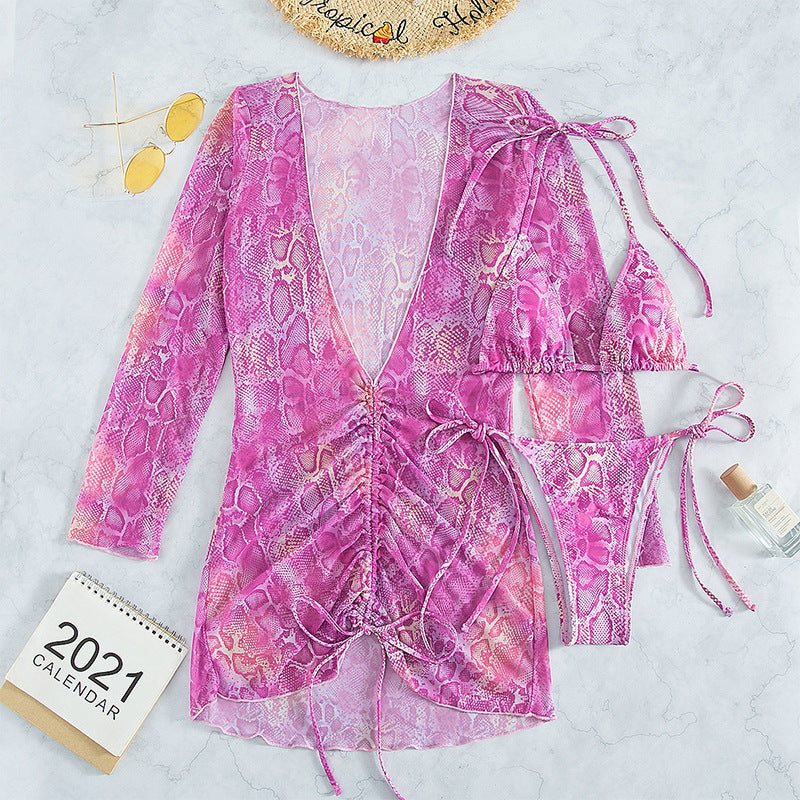 Traje de baño de dos piezas con cuello halter y manga larga, estampado sexy, bikini de tres piezas