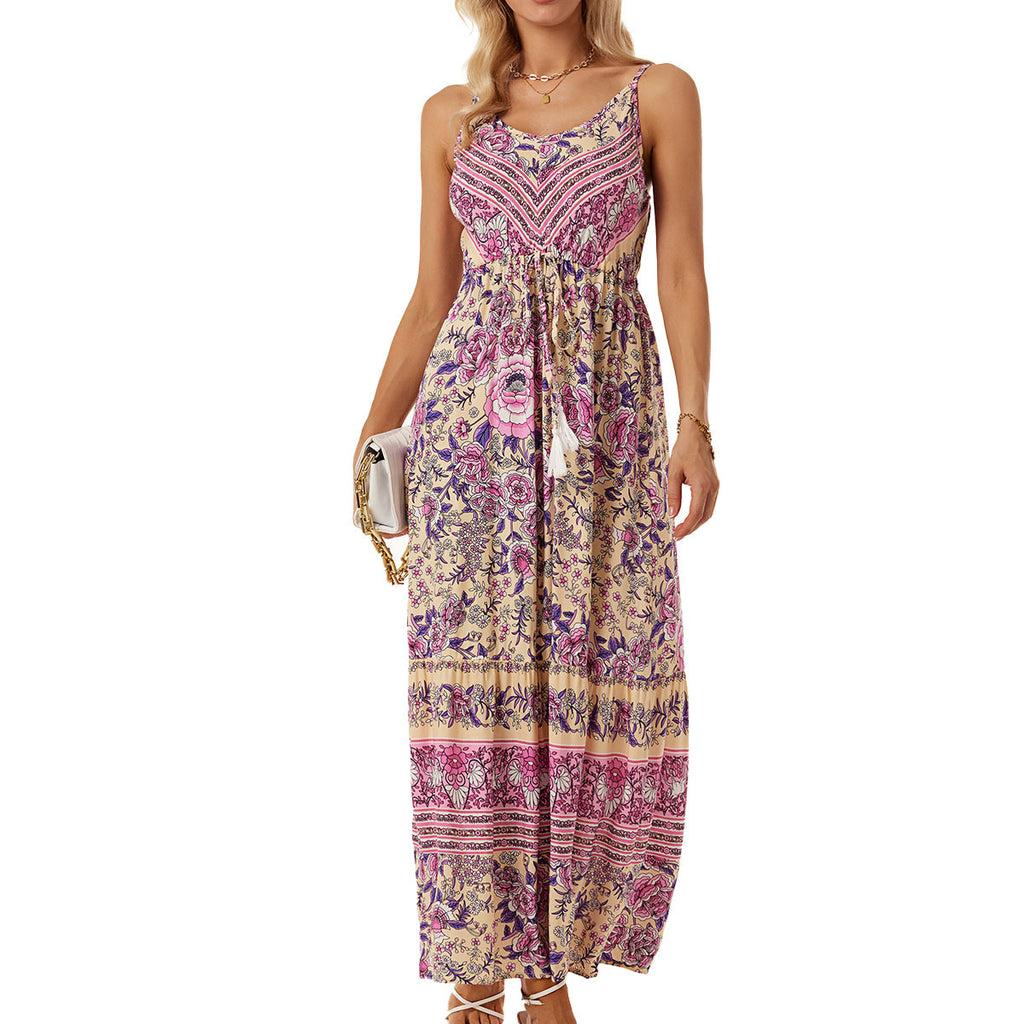 Women Bohemian Strap Dress Printed Vacation Beach Dress Cloth Porch
