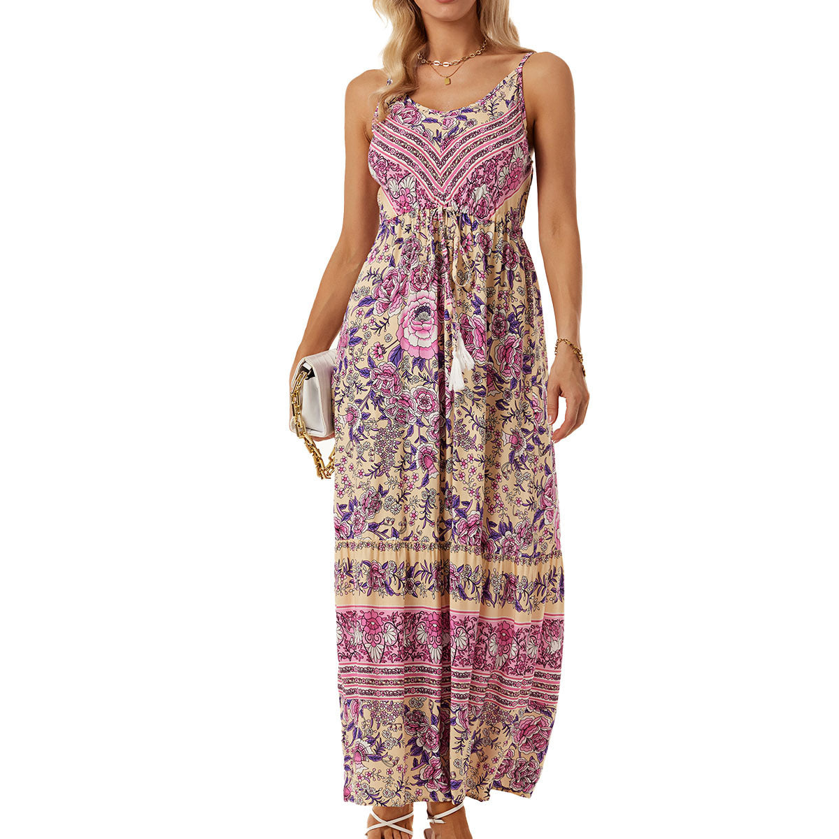 Women Bohemian Strap Dress Printed Vacation Beach Dress Cloth Porch