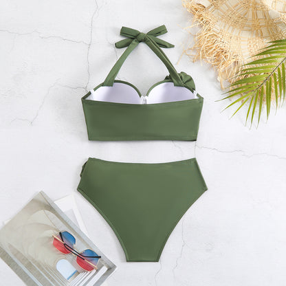 Traje de baño de dos piezas con cuello halter, encaje y parte superior de tubo, bikini de cintura alta para mujer, bikini de color liso