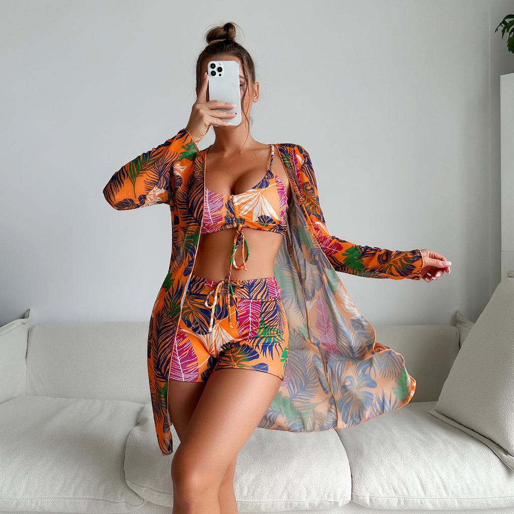 Maillot de bain trois pièces pour femme, boxer, bikini, imprimé corde, filet, rouge