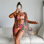 Maillot de bain trois pièces pour femme, boxer, bikini, imprimé corde, filet, rouge