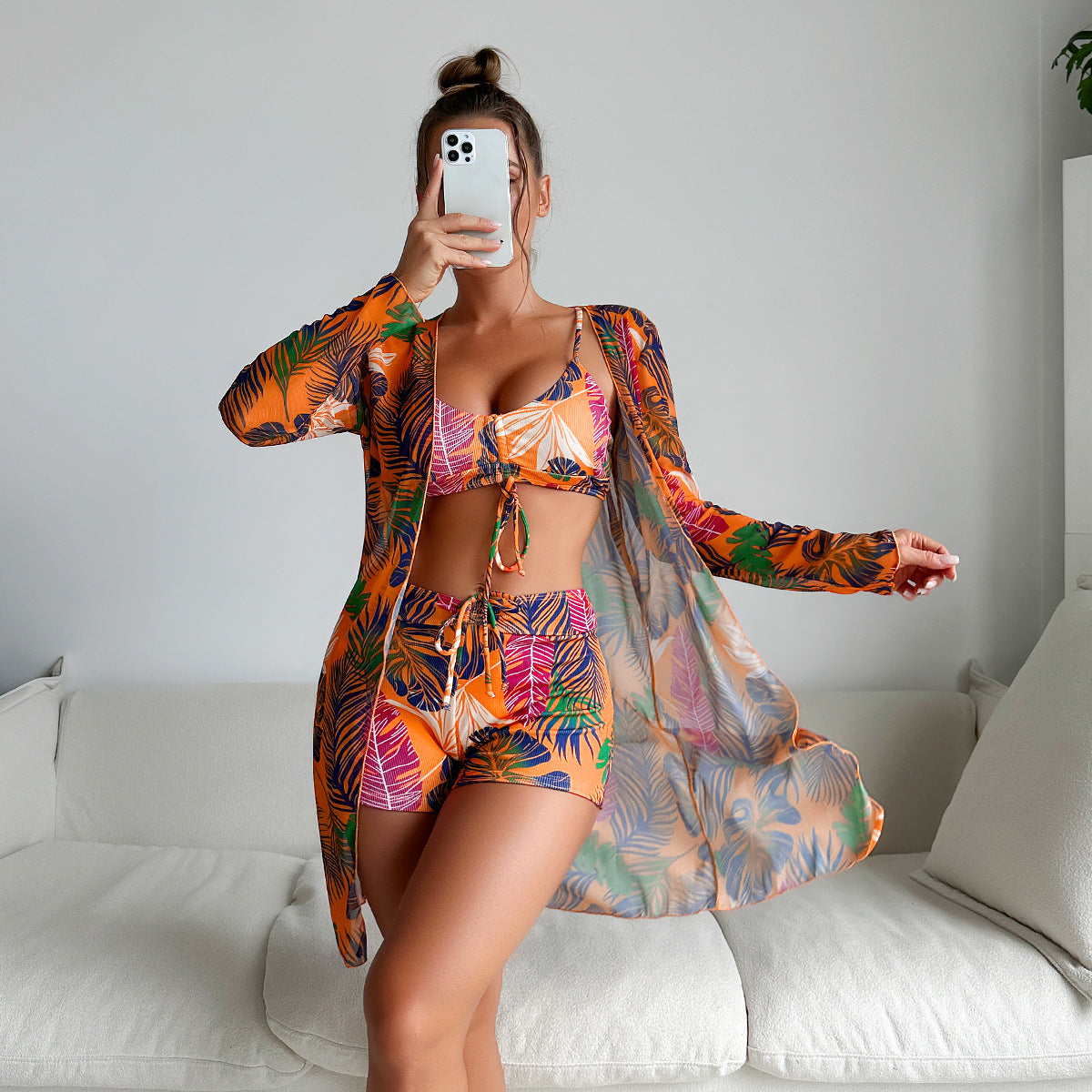 Maillot de bain trois pièces pour femme, boxer, bikini, imprimé corde, filet, rouge