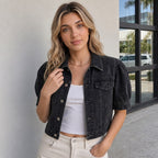 Collared Bubble Sleeve Single Breasted Pocket Design Washed Denim Short Sleeve Jacket Women MANNY