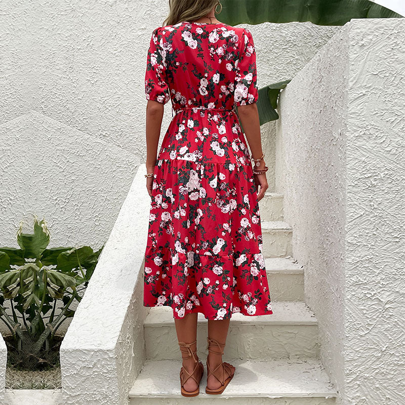 Summer Women Wear Printed V neck Split Dress for Women