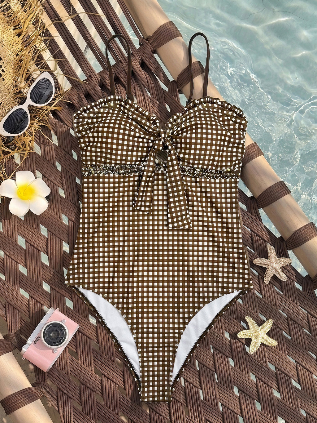 Bikini Tube Top Detachable Shoulder Strap Two Piece One Piece Plaid Printed Design Swimsuit for Women WithWind