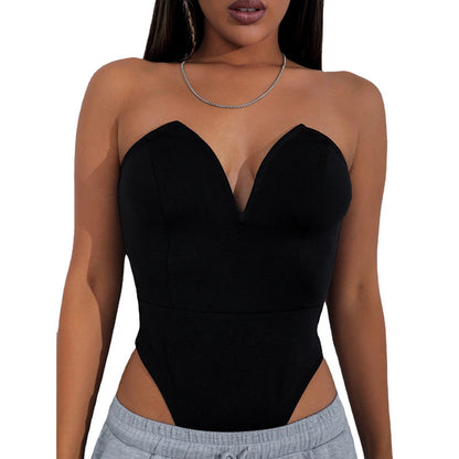 Women Clothing Sexy V Chest Bodysuit Women Tight Bottoming Shirt Slim Fit Figure Flattering Bodysuit