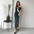Vestido midi sexy con cuello en diagonal y manga corta para mujer, con costuras de malla y abertura.