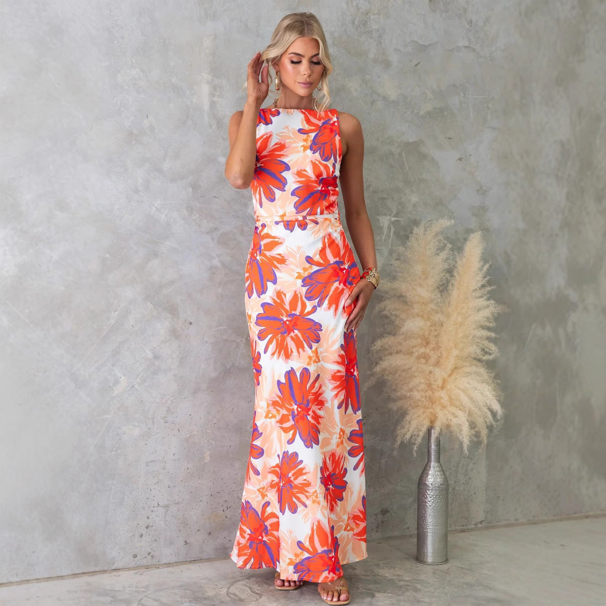 Maxi Dress Fashionable Printed Sleeveless Backless Dress XUYUN