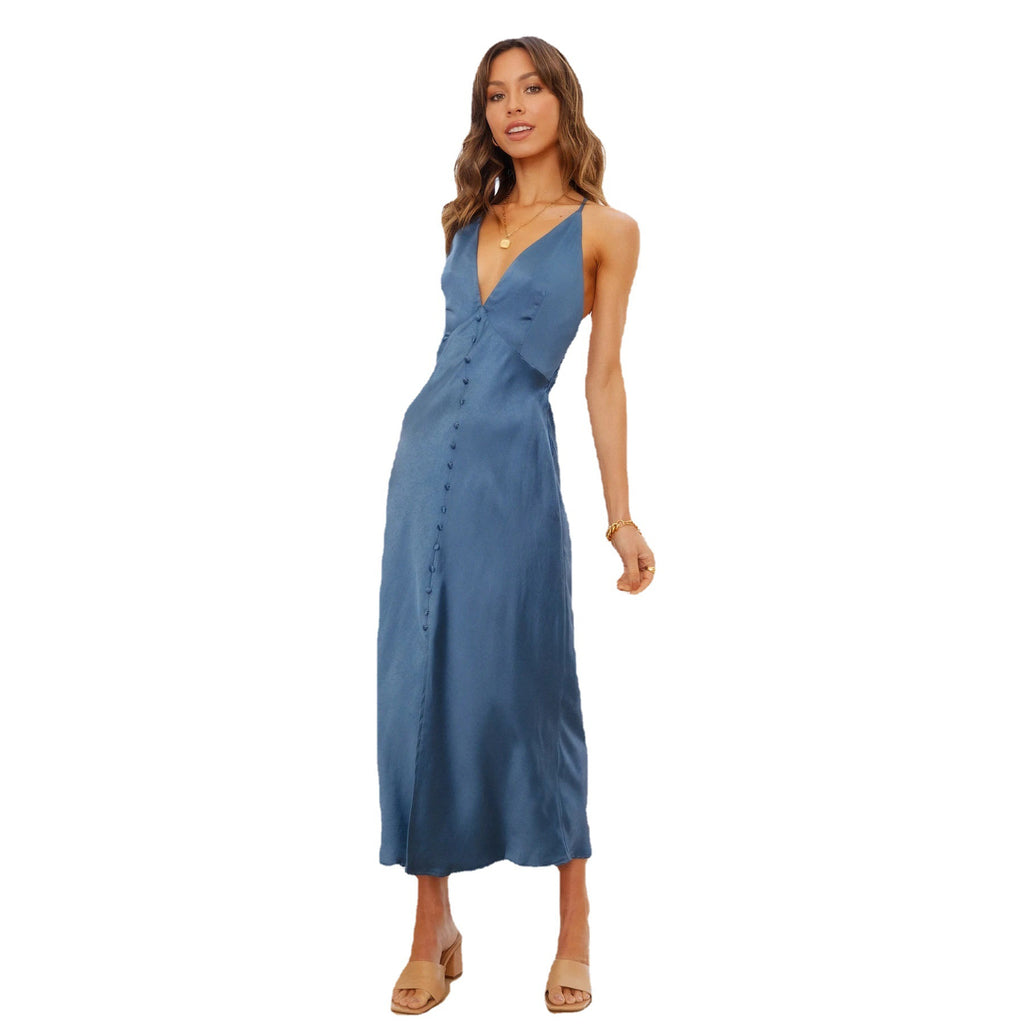 New Sexy Elegant Criss Cross Bare Back V neck Single Breasted Front Slit Strap Satin Dress DreamFashion