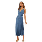 New Sexy Elegant Criss Cross Bare Back V neck Single Breasted Front Slit Strap Satin Dress DreamFashion
