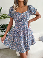Spring Summer Elegant Floral Lace-up Waist-Controlled Large Hem Dress Women Clothing BAGIISA