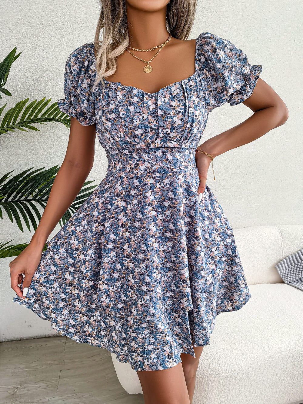 Spring Summer Elegant Floral Lace-up Waist-Controlled Large Hem Dress Women Clothing BAGIISA