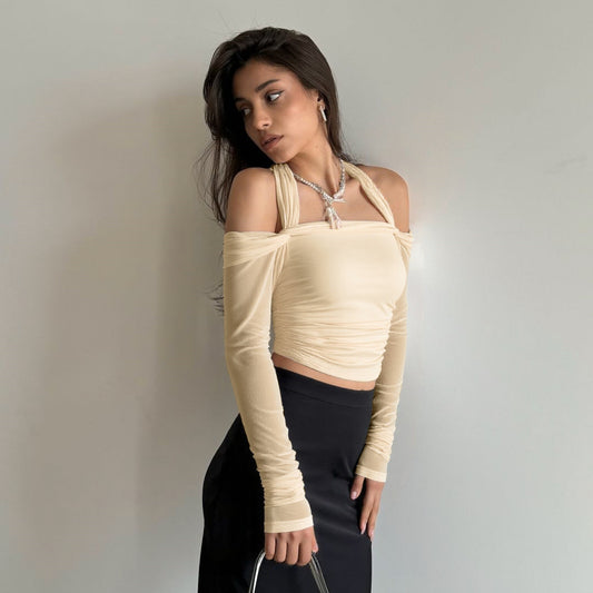 Women Clothing Autumn Sexy off Neck Solid Color Halter Cropped Long Sleeve Top for Women