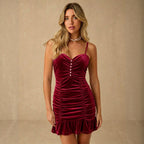 Velvet Spaghetti Straps Dress Women Pleating Fastener Decoration Ruffled Waist Slimming Dress Yiskiss