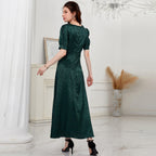 Women Clothing Summer Casual High Waist Solid Color V neck Puff Sleeve Dress MIYA