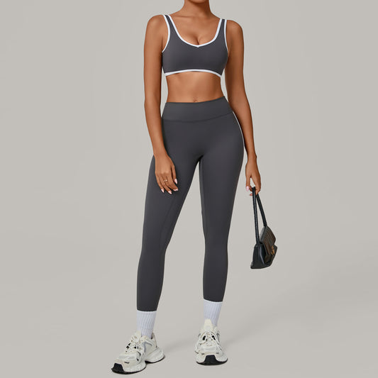 Conjunto de dos piezas para yoga, belleza, espalda ajustada, secado rápido, para entrenamiento, deportes al aire libre, con ribete de color en contraste y tacto nude.