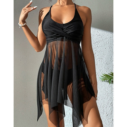 Traje de baño de mujer con volantes y cintura alta, de malla, con top cruzado y doble tirante.