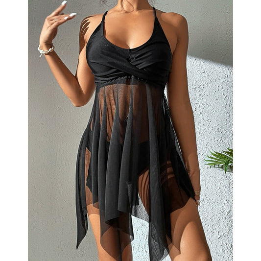 Traje de baño de mujer con volantes y cintura alta, de malla, con top cruzado y doble tirante.