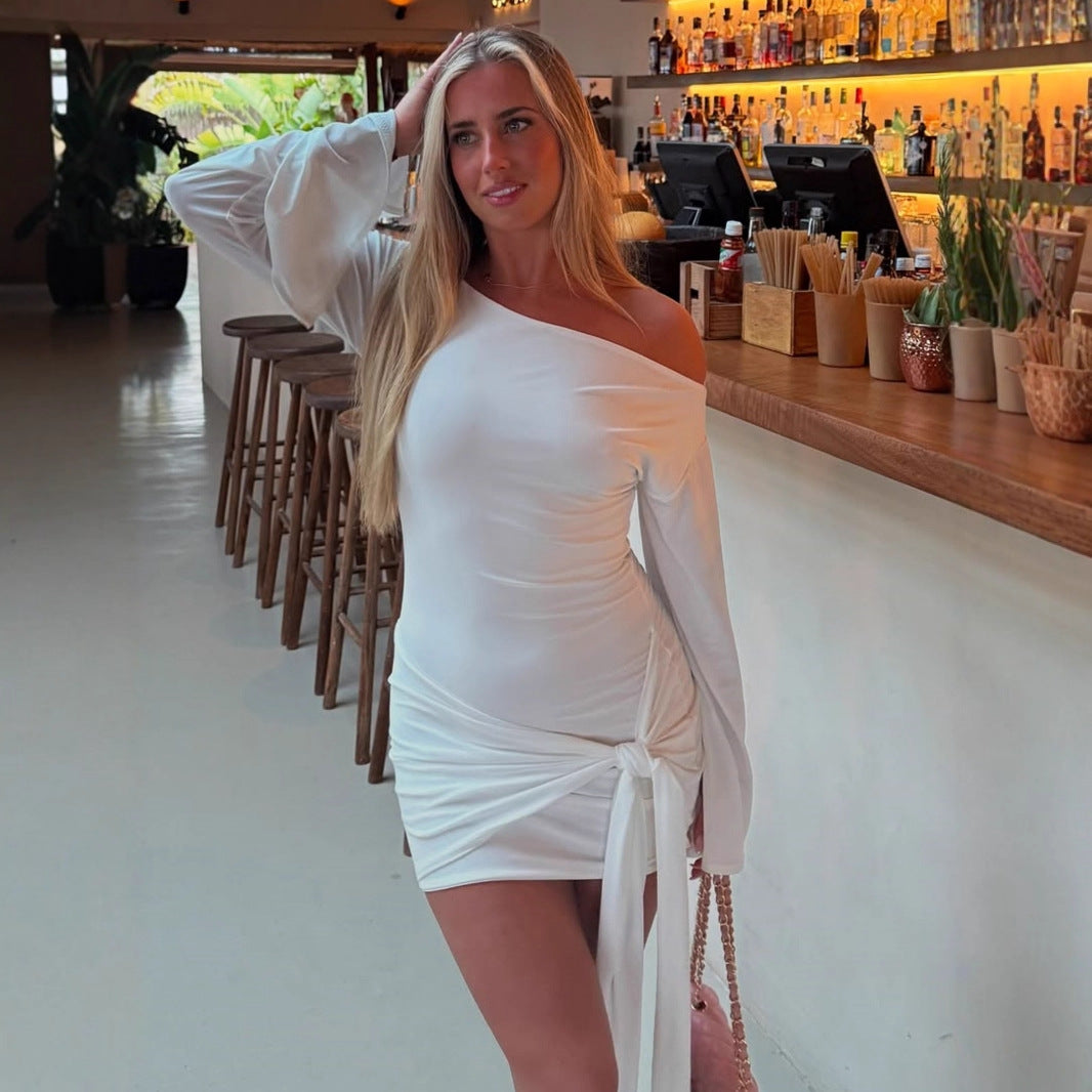 Autumn Winter Graceful Fashionable Solid Color Women Shoulder Waist Controlled Lace up Sheath Dress