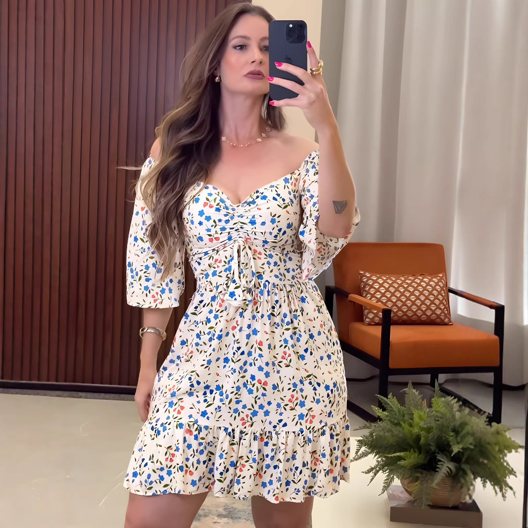 Small Floral V neck Pleated Summer Dress PLAYA