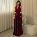 Women Clothing Sexy V neck Sleeveless Halter Pleated Waist Tight Slimming Evening Dress Flash Vision