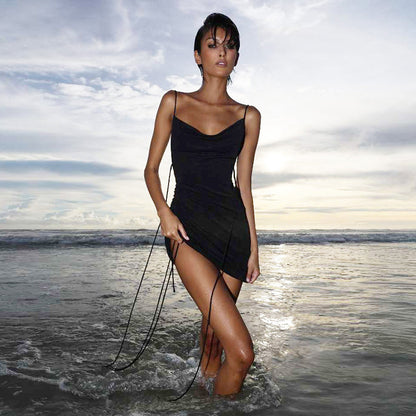 Spring Women Clothing Sexy Swing Collar Backless Solid Color Drawstring Lace Slim Fit Dress