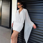Women Clothing Summer Polka Dot Print Mesh Stitching Long Sleeves Bare Back Sheath Dress HONEYBADGER
