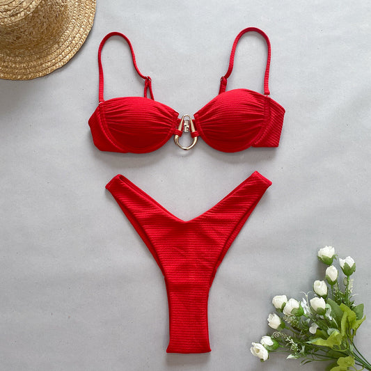 Bikini taille haute, couleur unie, sexy, fendu, pour femme