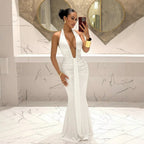 Women Halter Deep V Plunge Pleated Slim Fit Mopping Dress Slimming Sheath Fishtail Dress YUni