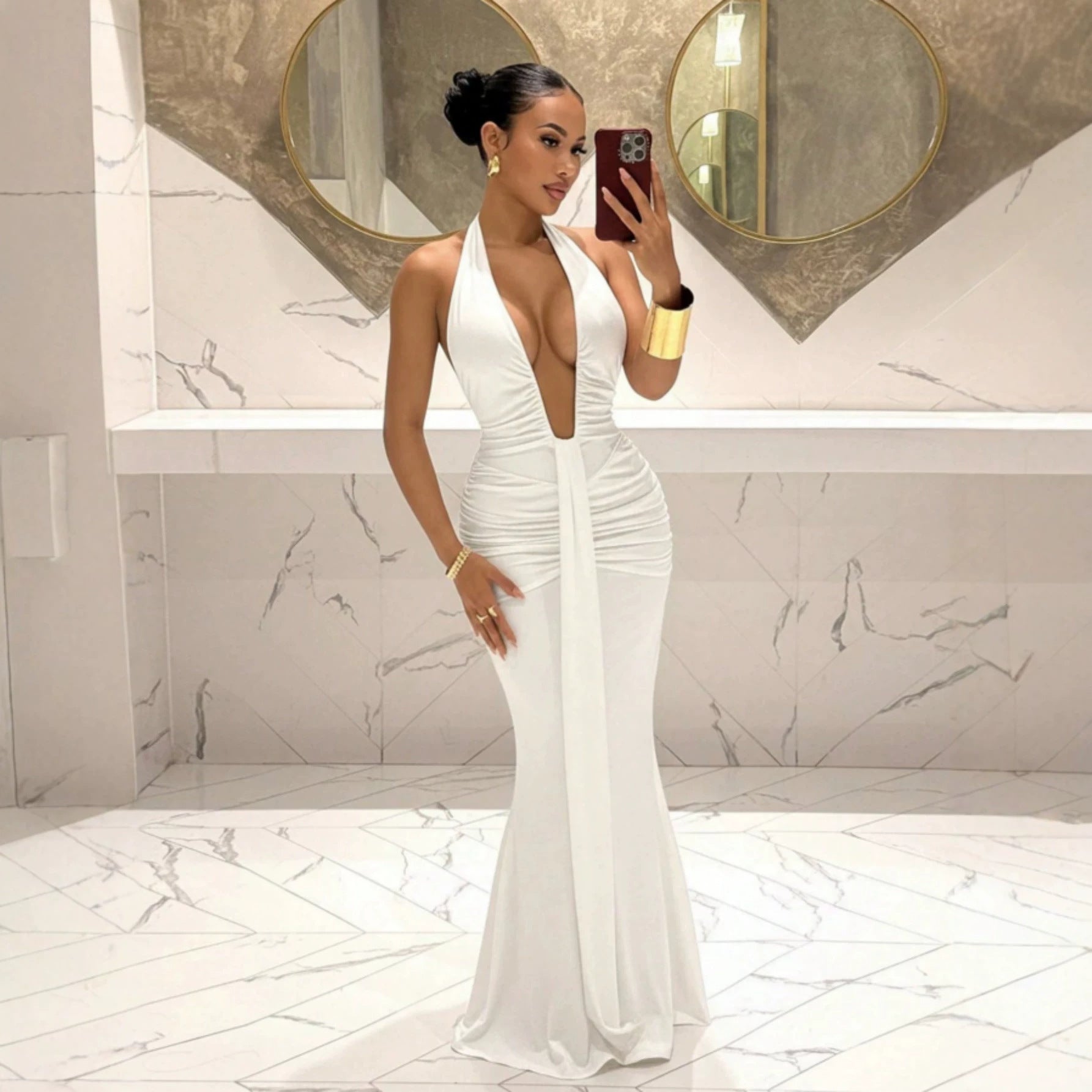 Women Halter Deep V Plunge Pleated Slim Fit Mopping Dress Slimming Sheath Fishtail Dress YUni