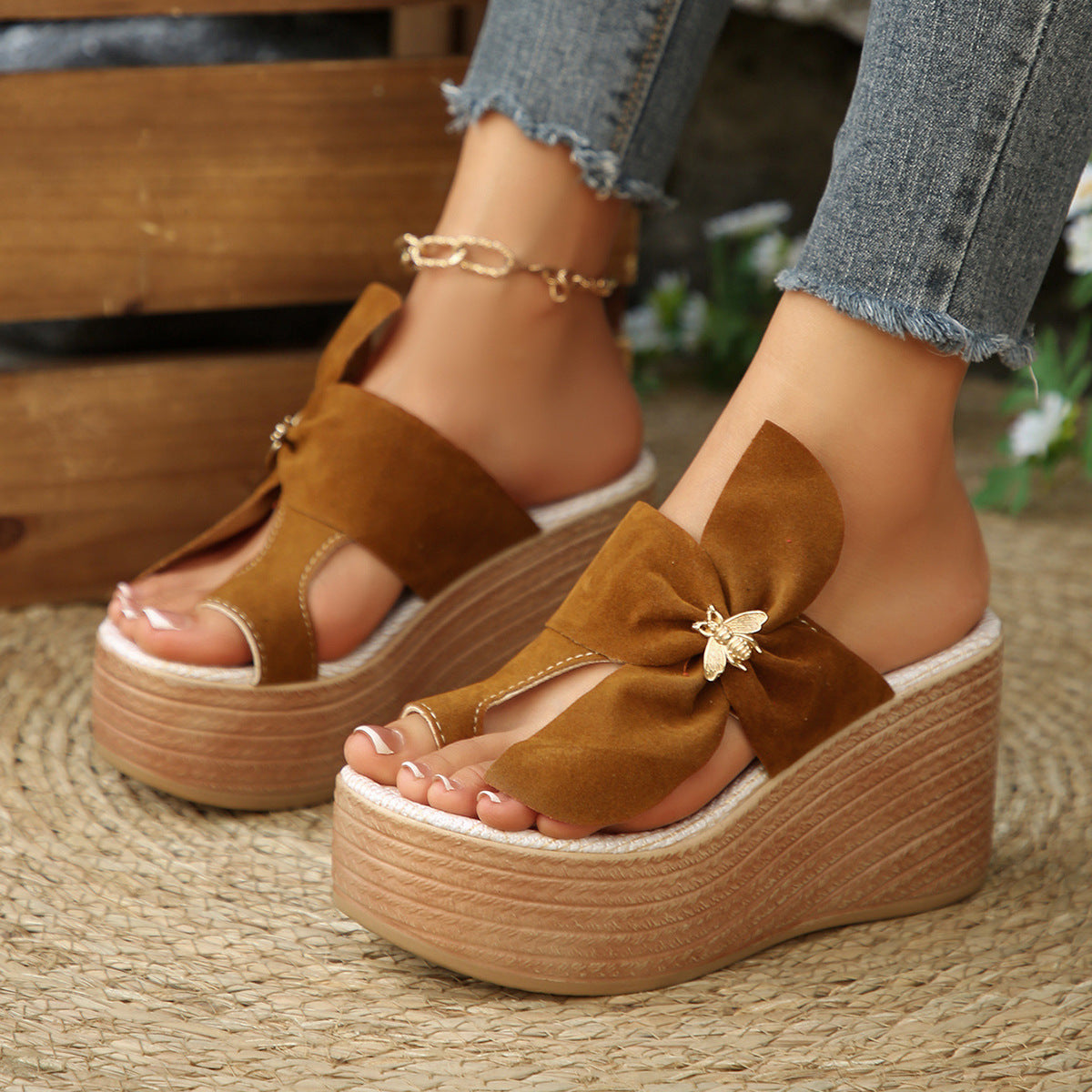 Metal Buckle Suede Toe Covering Wedge Slippers Women Bow Platform Muffin Beach Sandals ZUIMEI