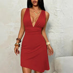 French Deep V Plunge Halter Dress Women Summer Waist Slimming Irregular Asymmetric Sexy Yiskiss