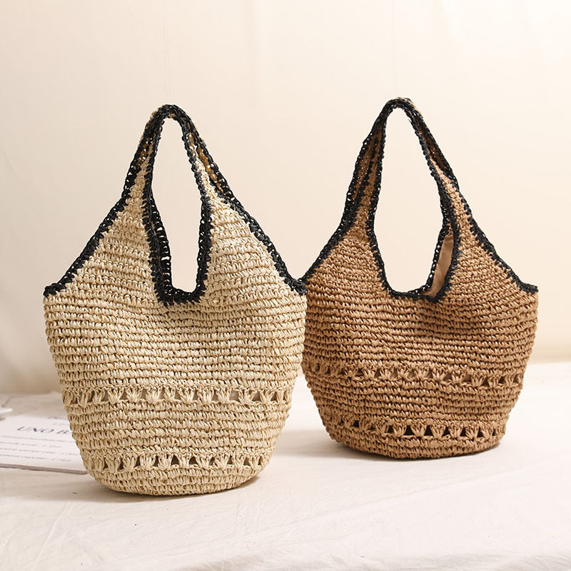 Bolso de paja de gran capacidad con un solo hombro, informal, con recortes, portátil, tejido, para playa y vacaciones en la playa. 