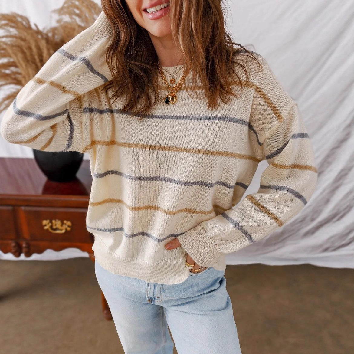 Women Casual Color Striped Pullover Long Sleeve Loose Sweater
