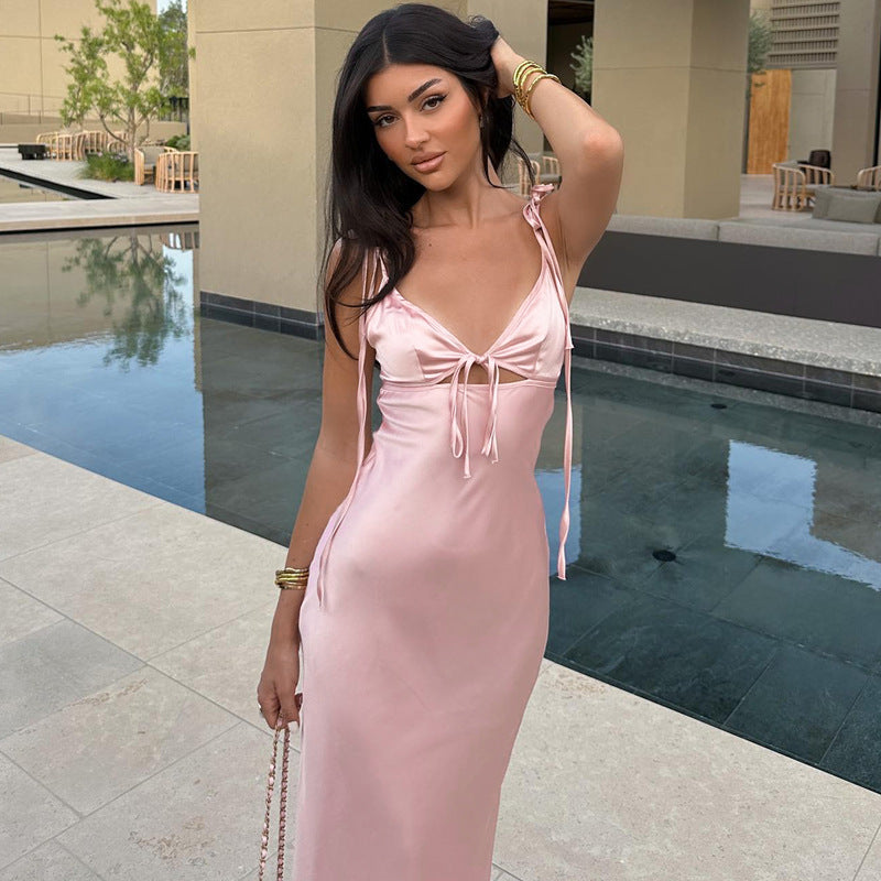 Robe d'été sexy en satin à bretelles et col en V, sans manches, à nouer soi-même, pour femme