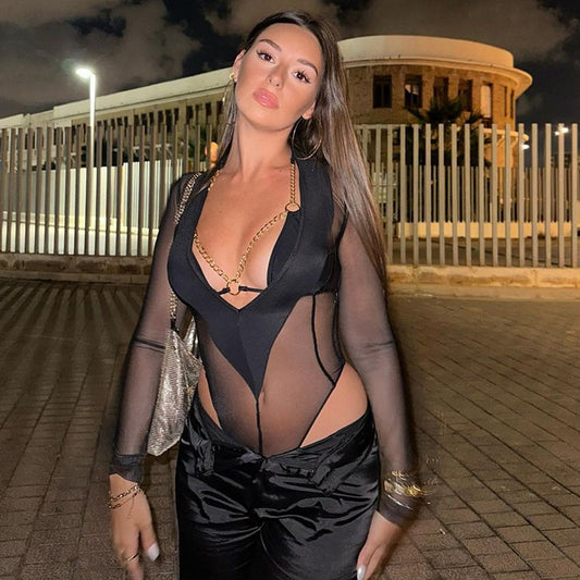 Women Clothing V neck Sexy Sheer Mesh Long Sleeve Jumpsuit