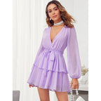 Women Summer Fashion V-neck Double Layer Lower Hem with Lace Polka Dot Dress DreamFashion
