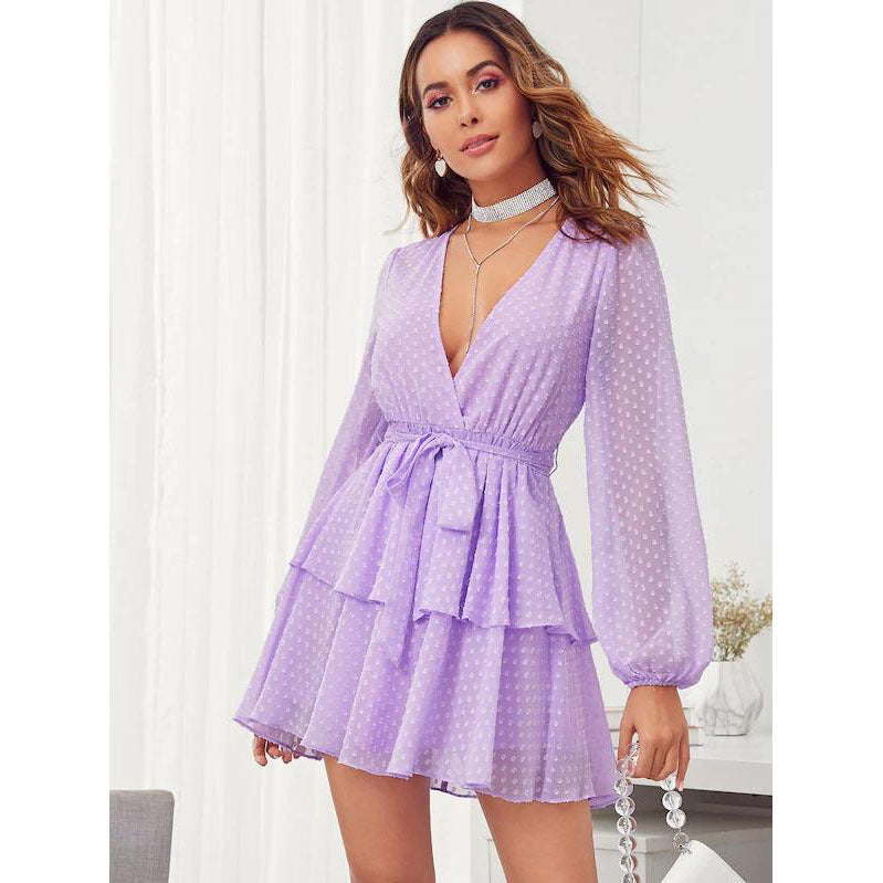 Women Summer Fashion V-neck Double Layer Lower Hem with Lace Polka Dot Dress DreamFashion