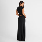 Women Clothing Autumn Solid Color Casual Short Sleeve Hollow Out Cutout Out Deep V Bare Cropped Slim Fit Maxi Dress HONEYBADGER