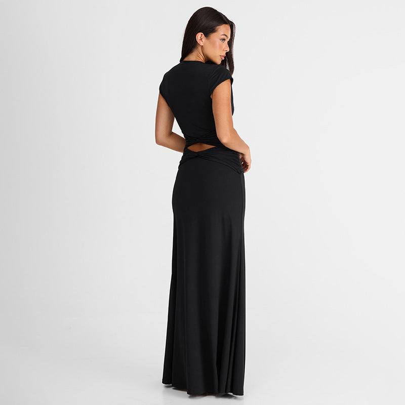 Women Clothing Autumn Solid Color Casual Short Sleeve Hollow Out Cutout Out Deep V Bare Cropped Slim Fit Maxi Dress HONEYBADGER
