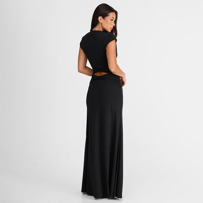 Women Clothing Autumn Solid Color Casual Short Sleeve Hollow Out Cutout Out Deep V Bare Cropped Slim Fit Maxi Dress HONEYBADGER