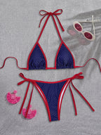 Contrast Color Printed Swimsuit Halter Strap Seaside Bikini Sexy Split Low Waist Bikini WithWind