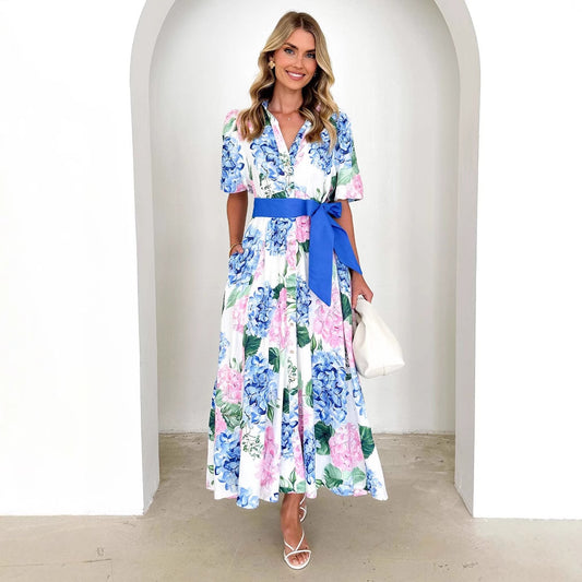 Printing Bohemian Dress Spring Summer Short Sleeves Belt a Word Dress Ladies