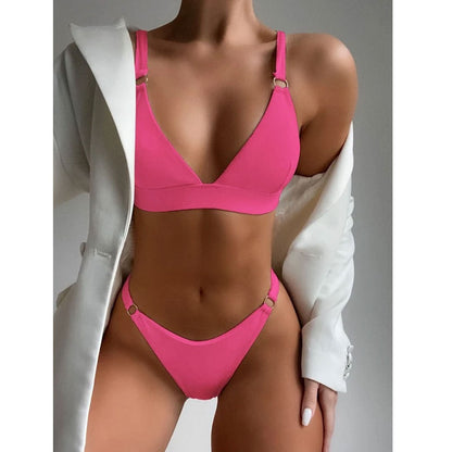 Bikini sexy de color liso con ribete de tela para mujer, traje de baño dividido de alta calidad