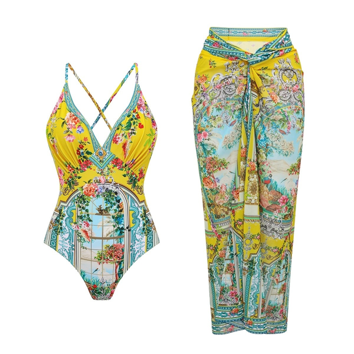 V-neck Lace-up Swimsuit Wrap Skirt Suit